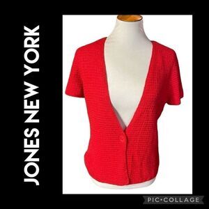 Jones New York Collection Red Short Sleeve One Button Closure Cardigan Size Peti